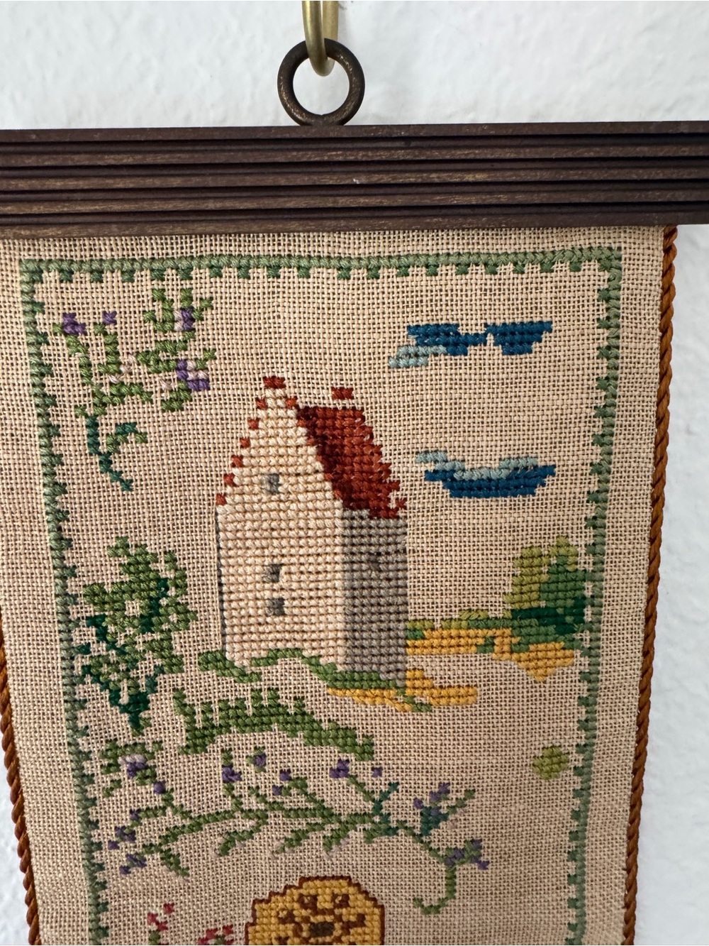 Vintage Handmade Cross-stitch Wall Hanging With Brass Hanger